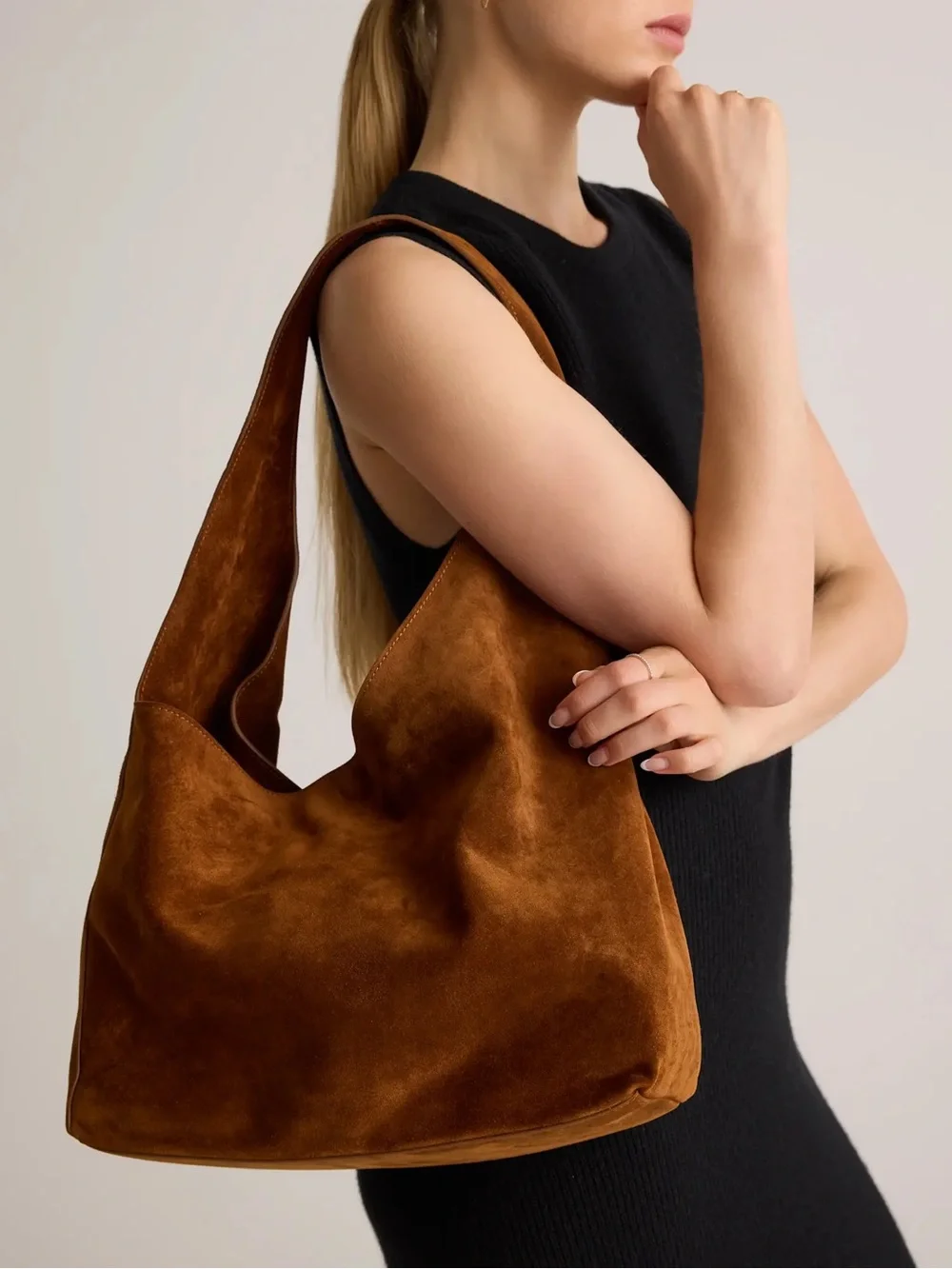New Quince Italian Suede Slouchy Shoulder Bag - Whiskey $150